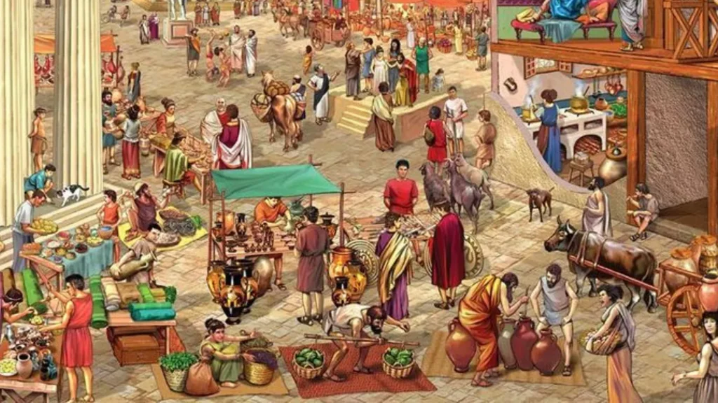 Antiquité : Une gravure illustrant une scène de rue quelque part dans l'Empire romain.